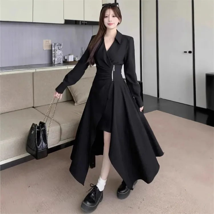 大码高级感黑色V领不规则长裙子2025早春季胖mm收腰显瘦连衣裙女