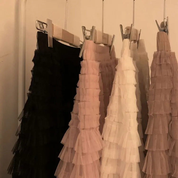 黑色蛋糕裙女半身裙2025春夏新款 a字裙小个子中长款网纱裙蓬蓬裙