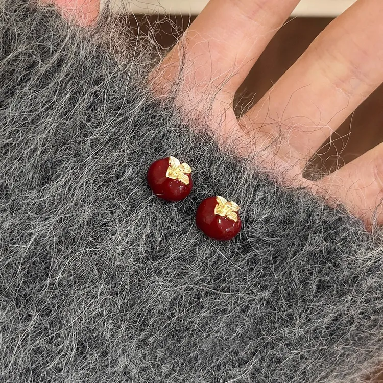 滴釉红色柿柿如意耳钉女秋冬轻奢高级感耳环小众耳饰2026新款爆款
