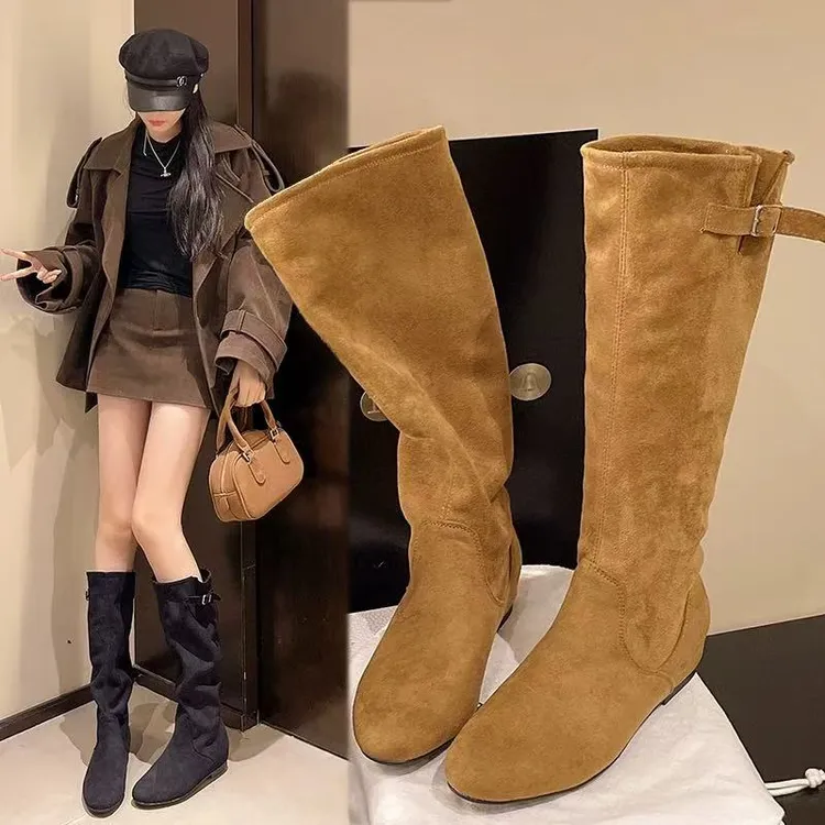 内增高西部牛仔堆堆靴子女2025新款秋季绒面显瘦高筒靴长筒骑士靴