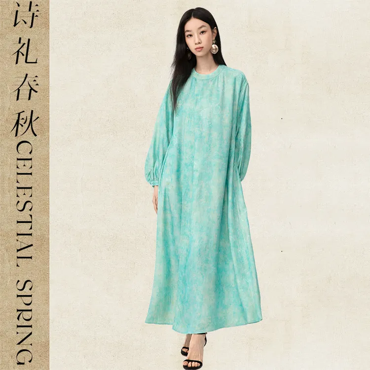 诗礼春秋原创设计改良新中式女装唐宋圆领长裙真丝混纺国风连衣裙