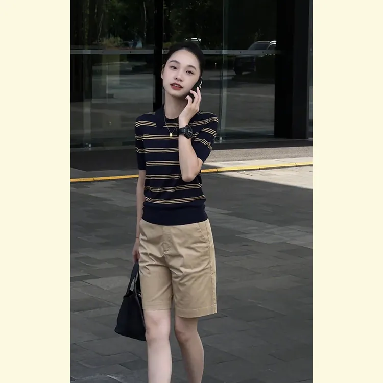 夏天巨好看的大方得体时尚减龄休闲职业藏青色条纹短袖短裤套装女