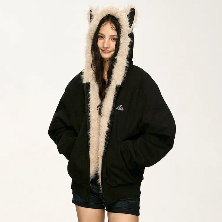 Aaisup秋冬季棉袄加绒加厚情侣连帽棉衣棉服女皮毛领夹棉毛领外套