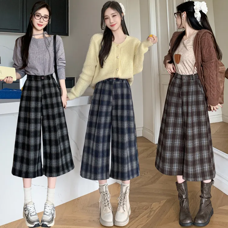 时尚格子毛呢休闲裤女中高腰呢子八分裤显高阔腿裤外穿打底裤靴裤