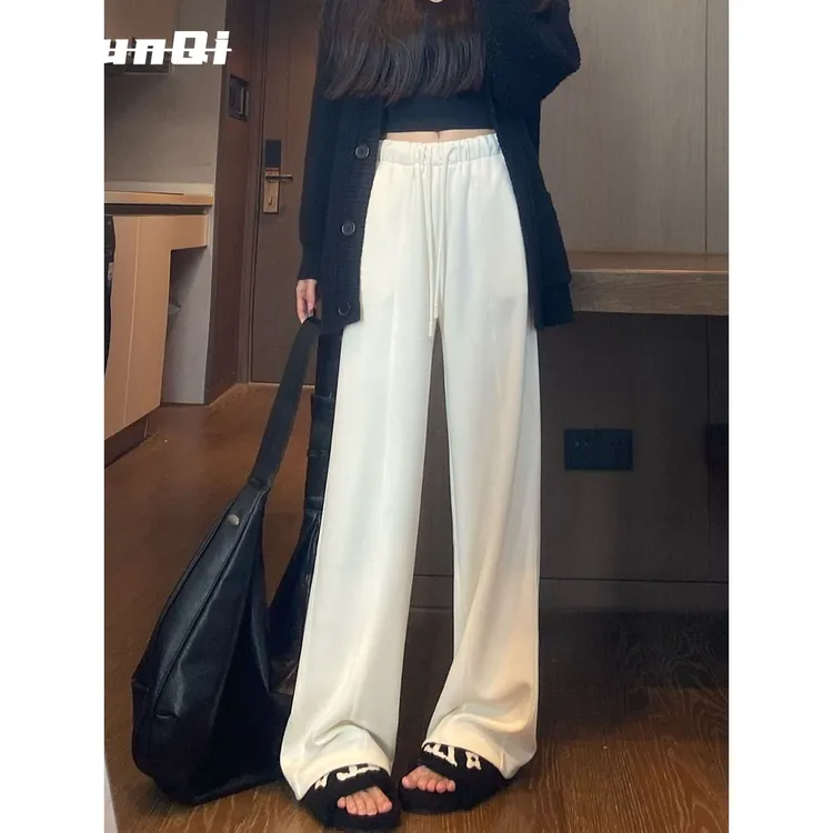 淳启白色窄版阔腿裤女加绒加厚高腰垂感高级裤休闲直筒裤秋冬季潮