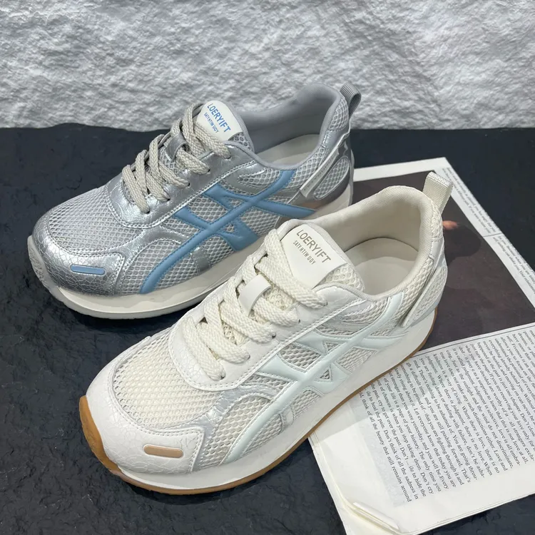 透气网圆头系带软底厚底女老爹鞋2025夏季运动休闲拼色时尚磨砂皮