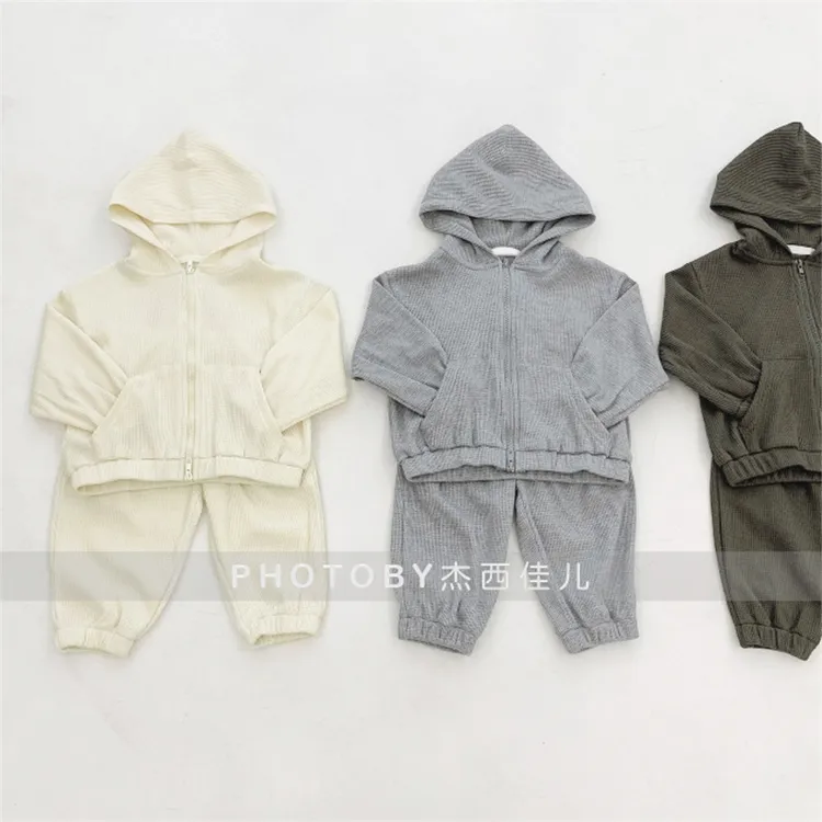 ins男女童韩版春秋新款 日系高品质华夫格连帽外套裤子休闲两件套