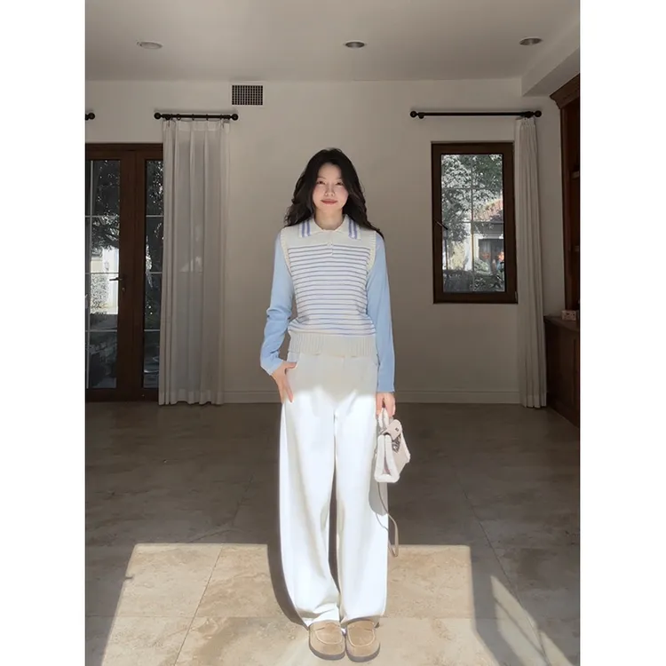 郭九九呢 条纹撞色翻领显瘦假两件马甲毛衣加绒弯刀裤 G925Z15807