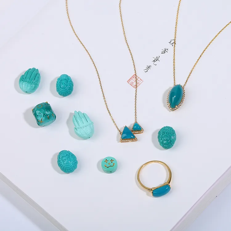 湖北原矿绿松石镶嵌18k金戒指耳环单圈多圈老型雕刻件（直播选购）