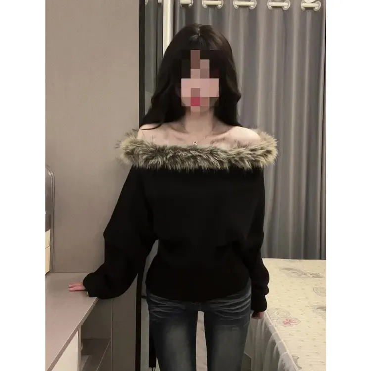 美式小众毛毛领一字露肩套头卫衣女秋冬新款慵懒宽松显瘦长袖上衣