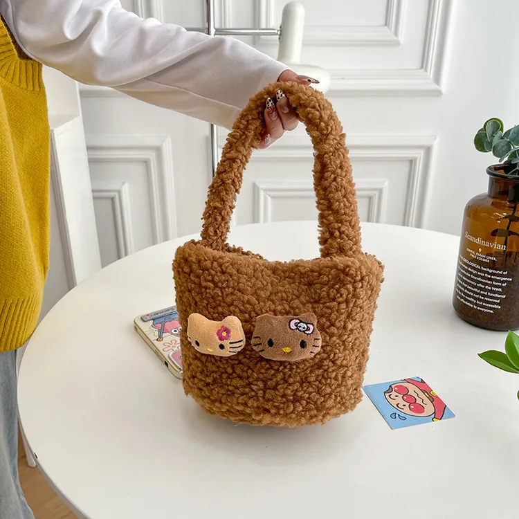 链条羊羔毛手拎包可爱新款百搭羊羔毛卡通日系女毛绒手提包2025小