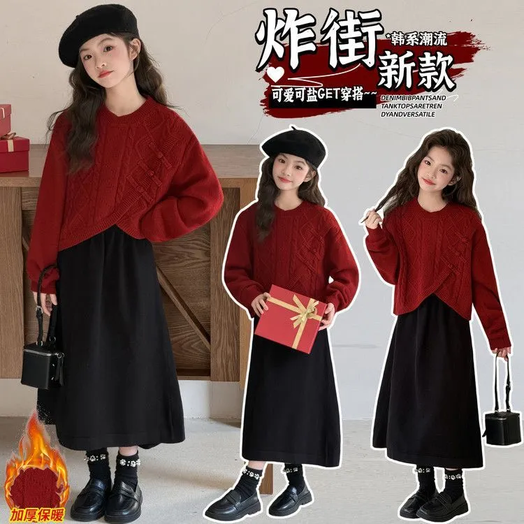 女童冬季拜年服套装裙2026新款童装红色毛衣针织背心裙新年两件套