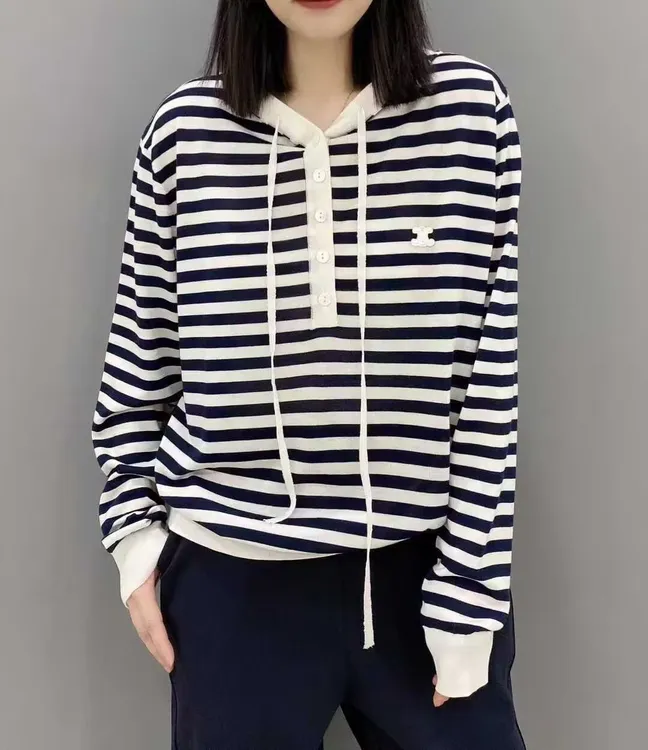 桑蚕丝条纹帽衫百搭秋冬连帽长袖时尚显瘦宽松套头针织衫T05