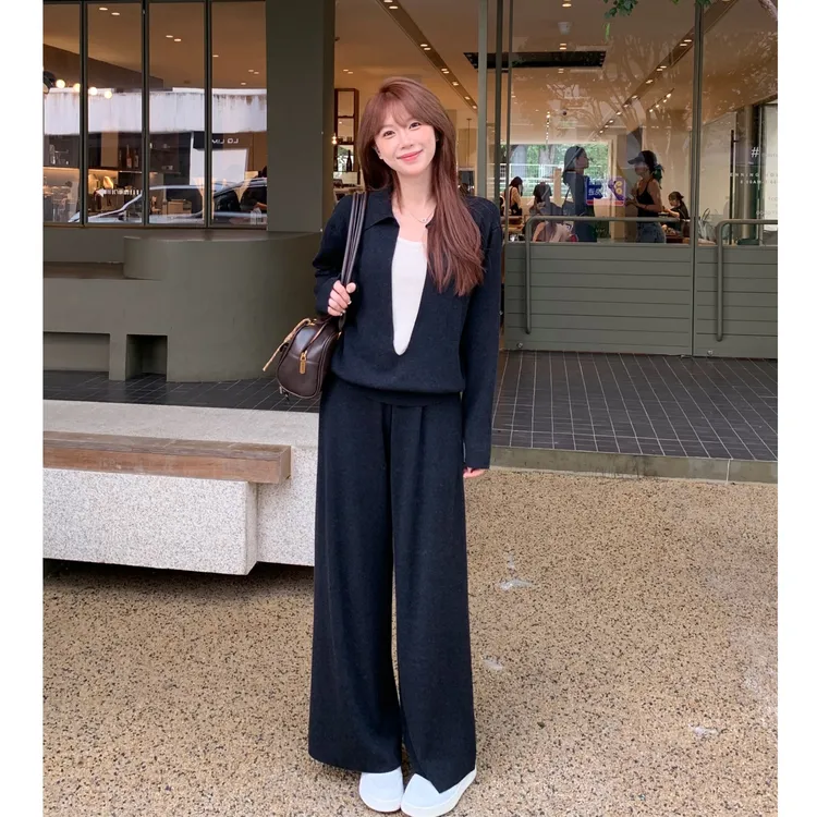 韩系减龄少女感休闲假两件针织衫套装秋季新款炸街阔腿裤两件套潮