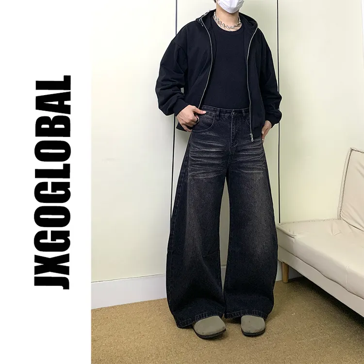 JXGOGLOBAL男女同款水洗做旧弯刀牛仔裤小众设计感宽松拖地裤ins