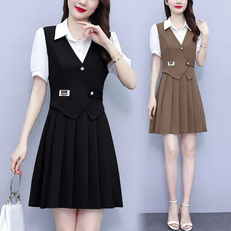 【1174人收藏】胖仙女大码2025夏新款时尚雪纺拼接百褶裙假两件套洋