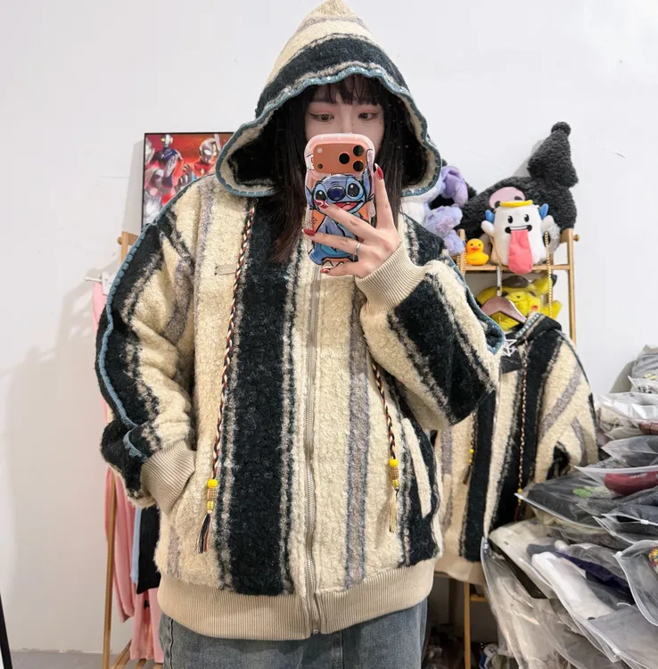 亏本清仓 美式复古条纹圈圈纱羊羔毛保暖夹棉厚外套