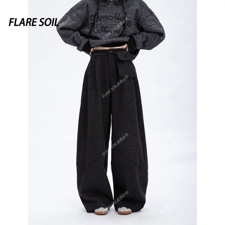 【FLARE SOIL】腰包裤韩系极简阔腿裤口袋毛呢裤拼接长裤 T4847B