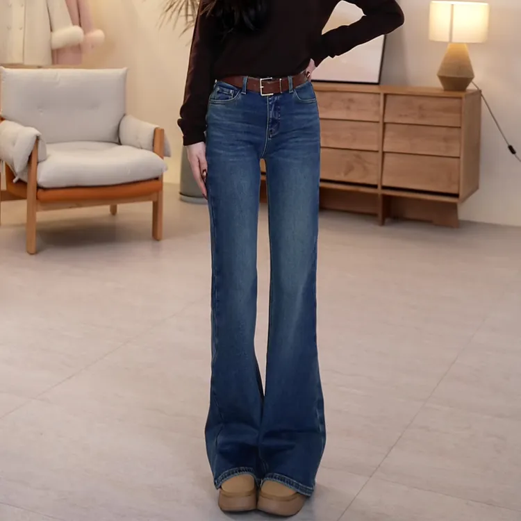 koko&molly复古时髦腰带收腰显瘦加绒微喇牛仔裤K25DK9383537