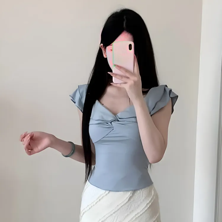 2025年夏季新款纯欲性感独特荷叶边设计感显瘦T恤修身辣妹女上衣