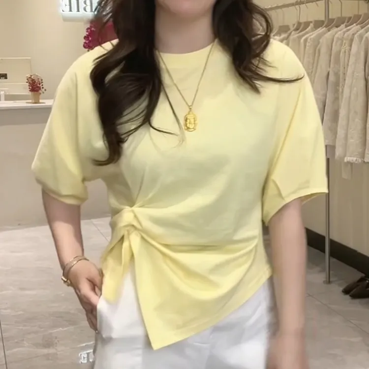 夏季韩系设计感褶皱显瘦短袖纯色百搭T恤LK2502706