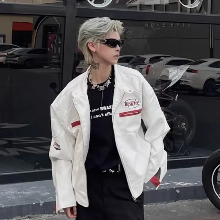 美式高街PU皮衣机车服男女设计感春秋潮流新款小众宽松潮牌夹克