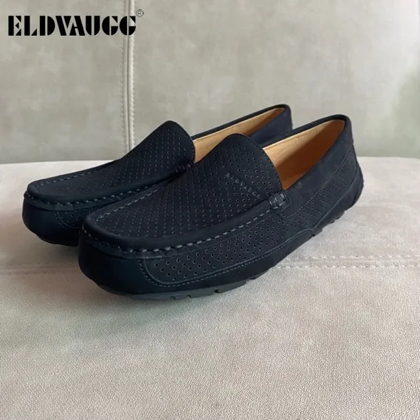 ELDVAUGG头层牛皮男士豆豆鞋休闲镂空软底打孔豆豆男鞋开车专用鞋