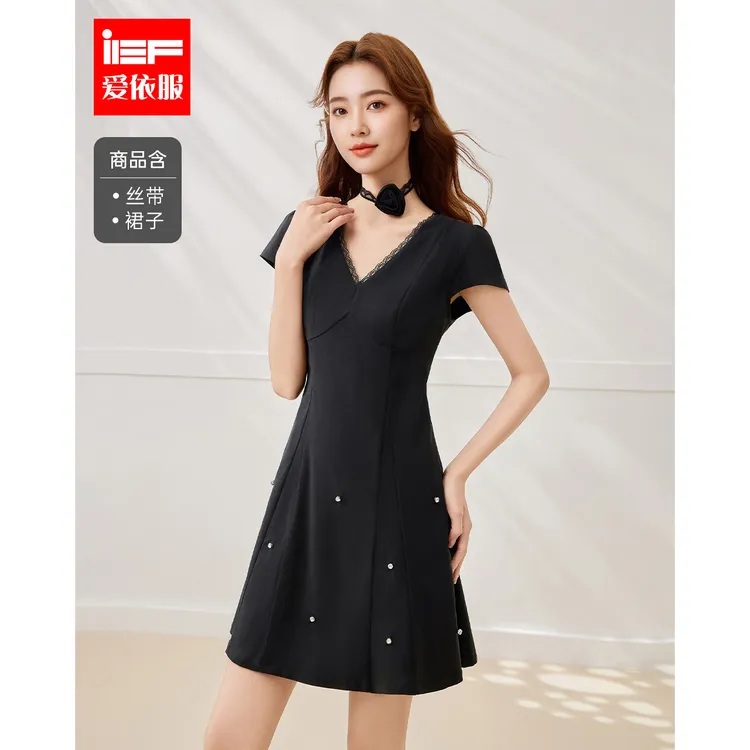 IEF/爱依服小黑裙2025夏季新款法式千金名媛淑女气质显瘦连衣裙