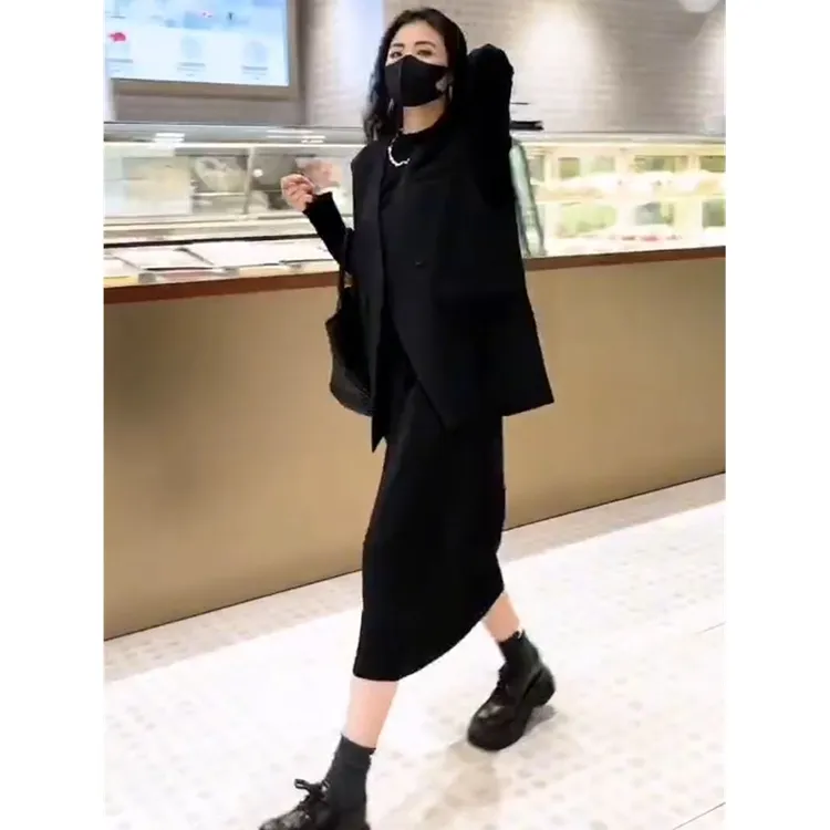 春秋大码休闲套装女韩版宽松直筒中长款长袖连衣妈妈大码遮肚裙子