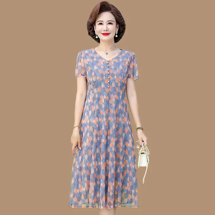 恒源祥彩羊妈妈夏装雪纺连衣裙中年女洋气母亲节衣服新款中老年夏