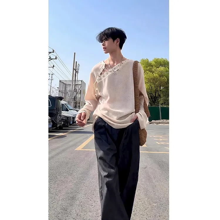 斜肩不规则设计镂空长袖T恤男夏季薄款垂坠感慵懒风休闲宽松上衣