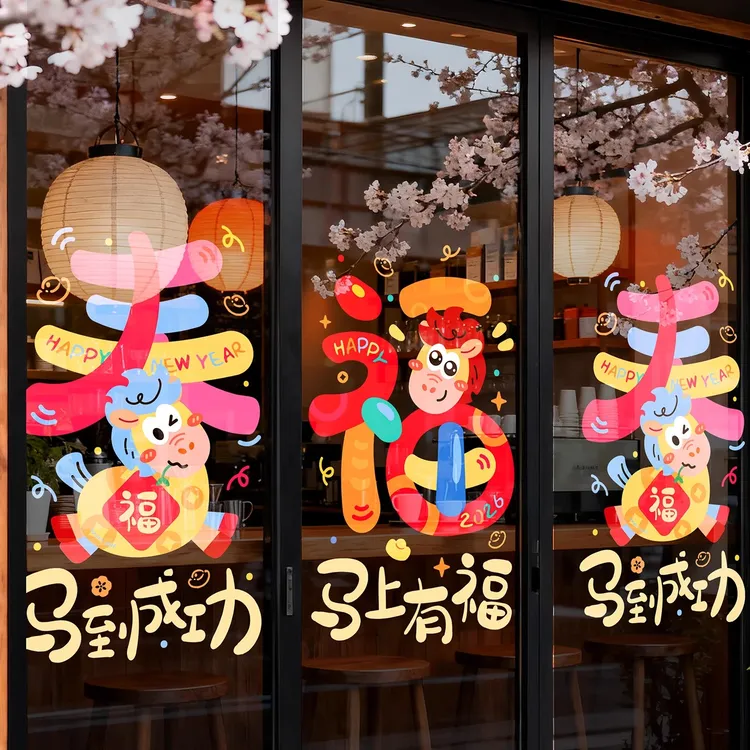 新年窗花玻璃贴2026马年福字静电贴元旦商场橱窗装饰春节过年布置