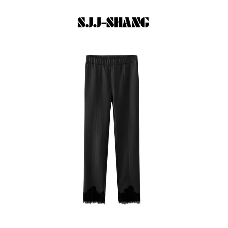 SJJ-SHANG【黑爵裤】 量感时髦蕾丝直筒休闲皮感裤q135449p