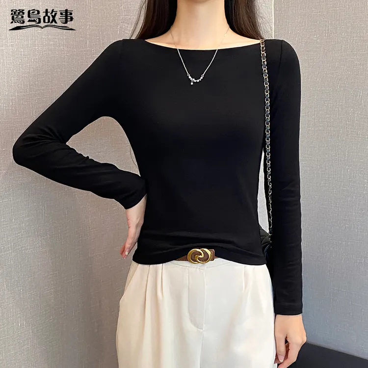 鹭岛故事黑色一字肩长袖t恤女春秋修身打底衫百搭性感露肩上衣潮