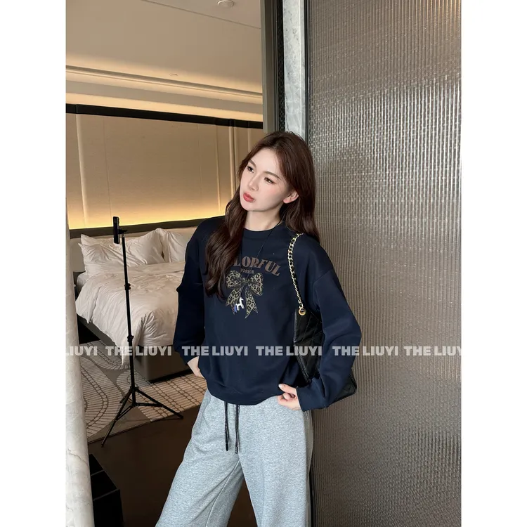 【LIUYI】韩系豹纹蝴蝶结加绒加厚圆领卫衣51013