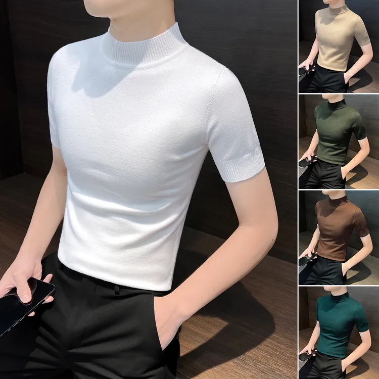 半高领短袖T恤男款2025新款轻奢痞帅男装秋季针织内搭男士打底衫