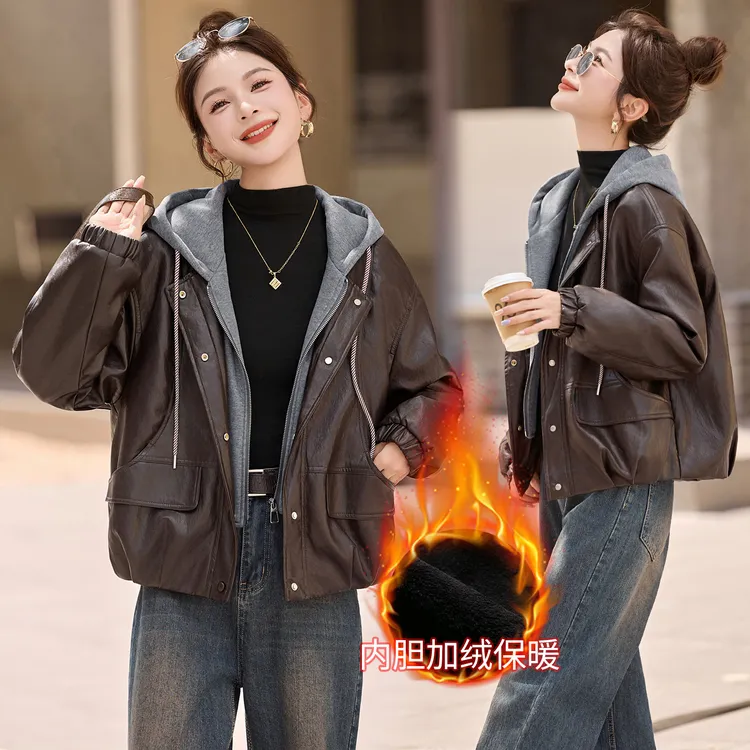 复古假两件连帽皮衣女2025年秋冬季新款短款休闲百搭加绒夹克外套