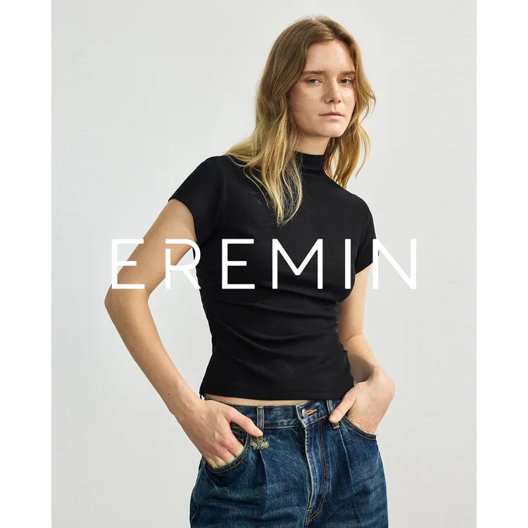 DE Mincollection瘦瘦黑T/烟囱领小飞袖弹力竖坑条收腰T恤55072