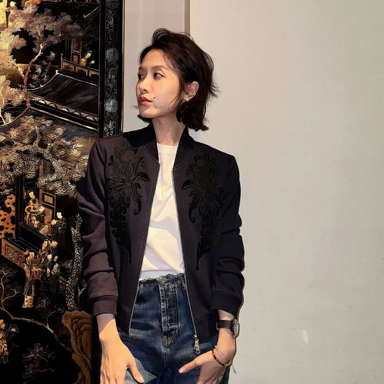 DE Mincollection中古刺绣外套/重工花卉刺绣棒球领夹克外套40159