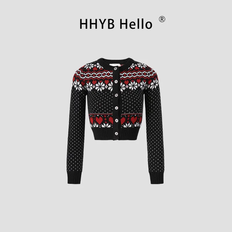 HHYB Hello复古提花针织开衫2025秋冬美式甜心雪花小毛衣女M1387