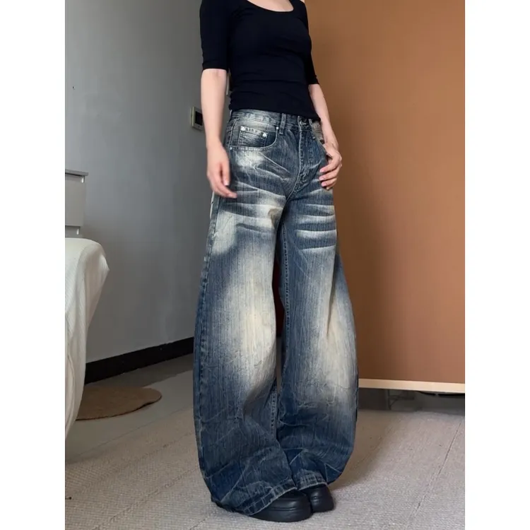 高个子加长美式复古竹节纹弯刀牛仔裤女低腰宽松显瘦阔腿拖地裤子