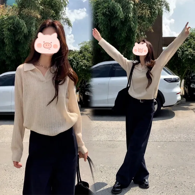 韩系复古翻V领长袖针织T恤女早秋季小众设计感宽松时尚百搭两件套