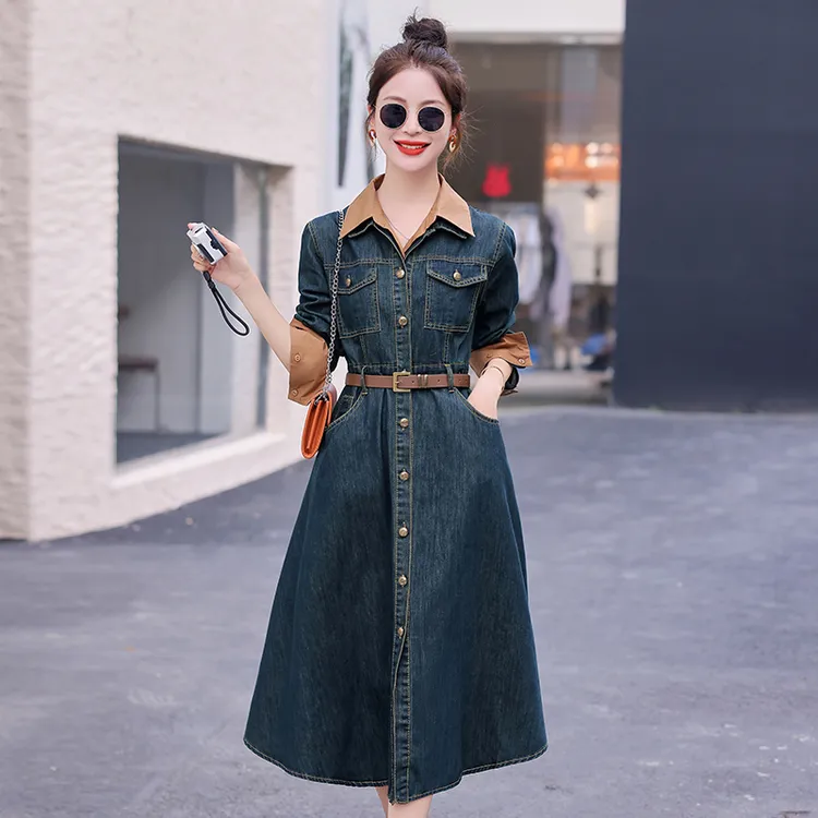 裙子复古纯色长袖春秋海军蓝纯棉衬衫裙秋季连衣裙春秋显瘦气质