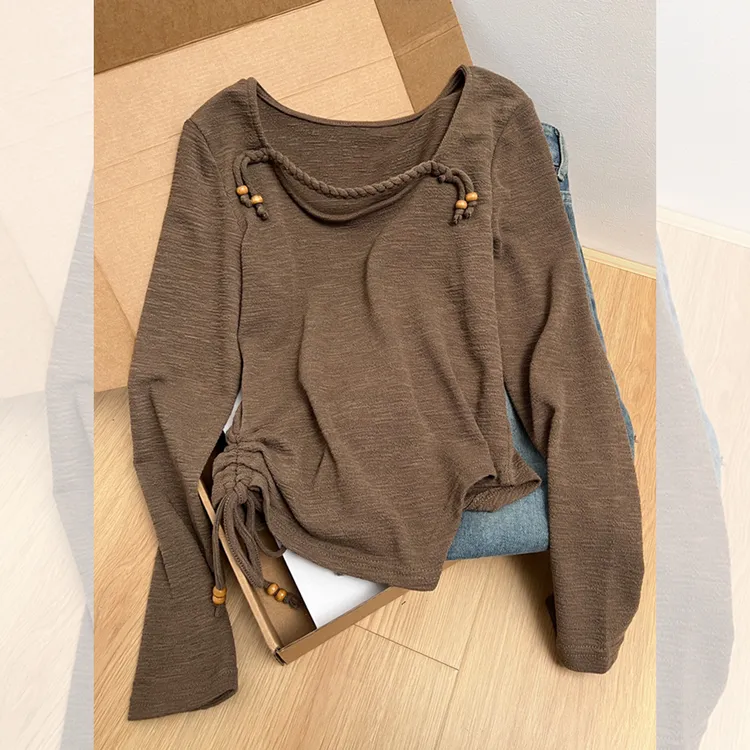 韩系修身圆领长袖T恤秋冬新款胖MM大码女装高级感不规则打底上衣