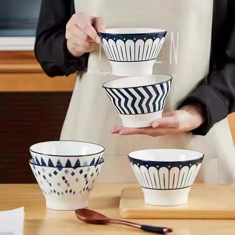 6只装五英寸日市斗笠碗高脚防烫加深加厚米饭碗釉下彩简约