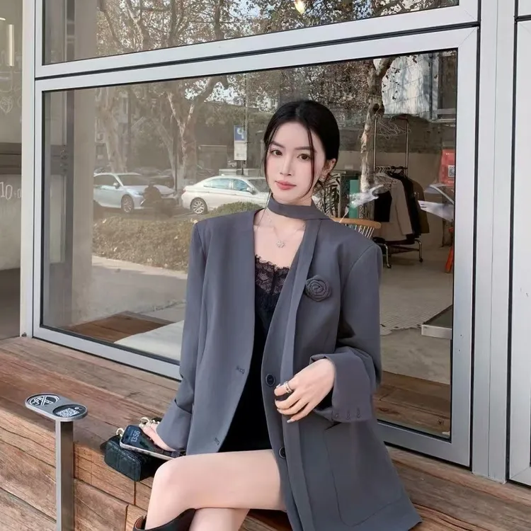 Stayone玫瑰烟灰色飘带无领西装外套女春款宽松气质西装外套女款