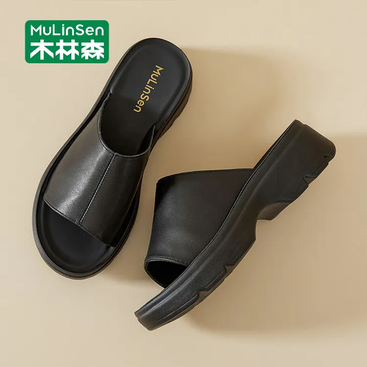 木林森一字拖鞋女外穿夏季厚底不累脚妈妈凉鞋黑色粗跟法式沙滩鞋
