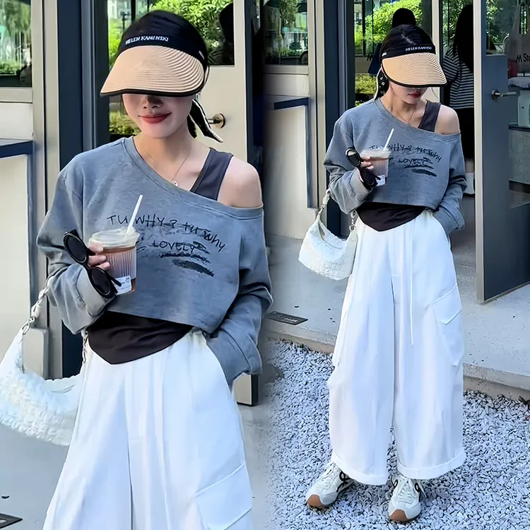 时尚设计感小众套装女2025春秋新款减龄气质斜领卫衣阔腿裤两件套