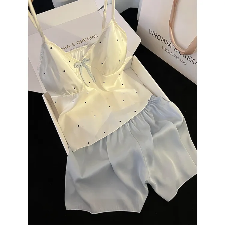 法式甜美性感冰丝波点睡衣女夏季新款吊带短裤可外穿家居服两件套