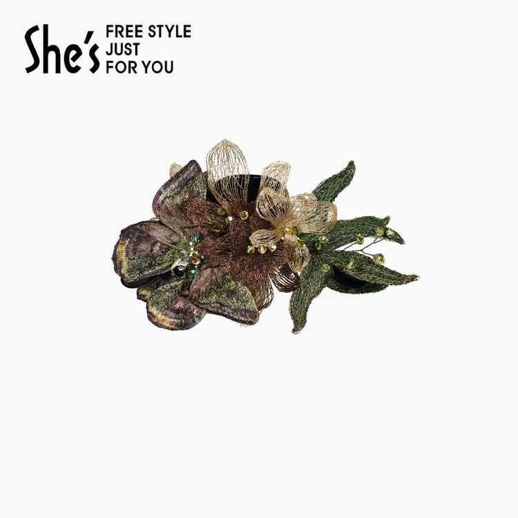 shes茜子自然复刻原创国风刺绣蝴蝶鲨鱼夹盘发抓夹女高级感发抓